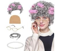 Juego de disfraz de abuela, peluca gris, disfraz de abuela, accesorio de disfraz de mujer mayor, juego de 5 piezas para peluca de abuela, funda de peluca, gafas, cadena de perlas para cosplay