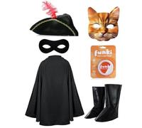 Juego de disfraz de bandido de gato espada para niños, kit de disfraz de 6 piezas para el día del libro con capa, sombrero, máscara, botas y pintura facial naranja, perfecto para el Día Mundial del