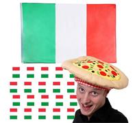 Juego de disfraz de decoración italiana, bandera italiana de 5 x 3 pies. Banderines a juego de 10 m, sombrero de pizza novedoso, kit de decoración de disfraces para aficionados al deporte de Italia