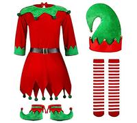Juego de disfraz de duende de Navidad para niños, disfraz de Navidad en juego completo U/A, unisex, disfraz de Navidad, disfraz de Navidad, vestido con sombrero, zapatos, cinturón, medias