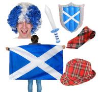 Juego de disfraz de fanático escocés de 6 piezas, bandera de Escocia, peluca afro azul y blanca, espada y escudo inflables, sombrero de tartán y corbata, kit definitivo de partidario de Escocia, rugby