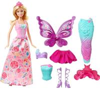 Juego de disfraz de fantasía de muñeca Barbie con muñeca rubia, ropa inspirada en dulces y accesorios como alas de hadas y cola de sirena