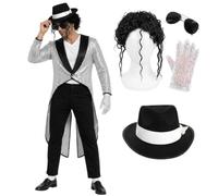 Juego de disfraz de músico de King Of Pop, abrigo de lentejuelas plateadas, sombrero, peluca rizada, gafas de aviador, guante de lentejuelas, disfraz de MJ Pop Icon para adultos de los años 80