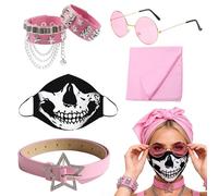 Juego de disfraz de rockero gótico punk rosa de 6 piezas para mujeres y hombres, kit de accesorios retro de estrella de rock de material premium con lentes de sol, bandana, pulseras, gargantilla y