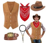 Juego de disfraz de vaquero occidental, vestido de vaquero con chaleco, sombrero con ala ancha, cinturón, bandana, cabeza de toro, collar para hombres adultos, carnaval, cosplay (estilo 1, XL)