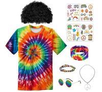 Juego de disfraz hippie de los años 70, ropa hippie para hombre, camiseta hippie, gafas de paz, collar para la cabeza, tatuajes, pelucas negras, arco iris, cintas para el pelo para ropa de los años