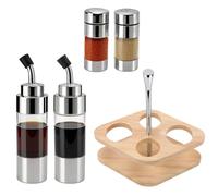 Juego De Dispensador De Aceite De Oliva Y Vinagre, 2 Piezas De Salero Y Pimentero De Vidrio Con Soporte De Madera Para Mesa De Restaurante De Cocina Casera