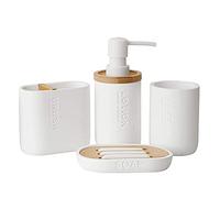 Juego de dispensador de jabón de bambú ZhanWang, Que Incluye un dispensador de jabón Decorativo con Accesorios de Madera y bambú (Blanco)