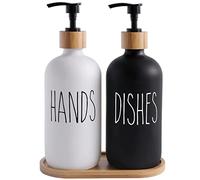 Juego de Dispensador de Jabón de Cristal, BIKALAN 450 ml Dispensador de Jabón Blanco y Negro Mate para Baño con Bandeja, Dispensador de Jabón de Manos para Cocina y Encimera 2 Paquetes