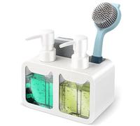 Juego de dispensador de jabón para platos y manos de cocina, doble con organizador de esponja y soporte para cepillo, organizador 4 en 1 para encimera de fregadero, utensilios de cocina útiles, blanco