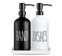 Juego De Dispensadores De Jabón De Vidrio Premium: 500ml/17oz Pack De 2 Conjunto De Dispensadores De Jabón para Fregadero De Cocina con Bandeja De Cerámica,para Gel De Ducha (Blanco & Negro)