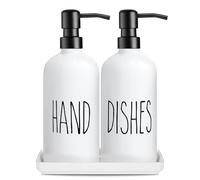 Juego De Dispensadores De Jabón De Vidrio Premium: Pack De 2 Dispensadores De Jabón Líquido con Bandeja De Cerámica, 500ml/17oz, Frascos De Baño De Vidrio Grueso,para Baño Encimera (Blanco)