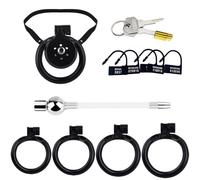 Juego de dispositivo de castidad plano con catéter de silicona, 4 anillos, cintura elástica y 5 candados codificados desechables para hombres SM Bondage Sex Toys (negro)