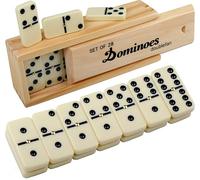 Juego de dominó doble seis, juego de dominó para adultos, doble 6 azulejos de dominó profesionales con spinner en caja de madera, 28 piezas de dominó juego de 28 azulejos con caja de madera natural