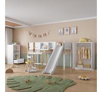 Juego de dormitorio completo, 3 piezas. cama alt armario+estantería, litera con tobogán y mesa, armario y estanterías con varios espacios de almacenamiento, pino+MDF, blanco+natural