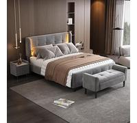 Juego de dormitorio completo, cama tapizada de diseño moderno + 1 mesita de noche + taburete, cama doble con tiras de luz de 16 colores en las orejas laterales, mesita de noche con 2 cajones