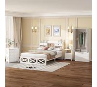 Juego de dormitorio completo, diseño moderno, cama de mader mesita de noche+tocador+armario, cama doble de 140 x 200 cm, con función de almacenamiento, armario de 2 puertas con 2 cajones, madera