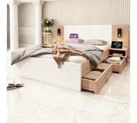 Juego de dormitorio de 215 x 80 x 207 cm con cama de matrimonio de 140 x 200 cm, 2 cajones y somier, cama de madera de roble y blanco con cabecero de luz de lectura, función USB y 2 cajones
