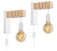 Juego de dos apliques de pared industriales con cable, lámpara de pared blanca enchufable para dormitorio, mesita de noche, lectura, sala de estar, granja, madera, montaje en pared, E27, con
