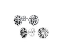 Juego de dos aretes de disco redondo con medallón vikingo de borde floral pequeño unisex, nudo celta tejido para mujeres, plata de ley oxidada .925.