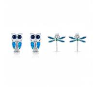 Juego De Dos Aretes De Diseño De Libélula De Ópalo Creado Azul Y Búho Sabio En Plata Esterlina .925 Para Mujeres Adolescentes Joyería De Piedra De Nacimiento De Octubre