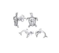 Juego de dos aretes de luna de miel de vacaciones náuticas hawaianas de tortuga marina de playa, pequeños delfines para mujeres adolescentes, plata de ley oxidada .925.