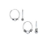Juego de Dos Aros Balineses Tribales de Bolas Continuas Bohemios Boho Tribales Sin Fin de Bali para Mujeres de Plata Esterlina .925 de 0.50 Pulgadas y 0.70 Pulgadas de Diámetro