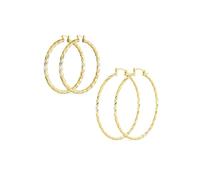 Juego de Dos Aros Grandes Anchos de Cable de Cuerda para Mujer, Latón Chapado en Oro Amarillo de 18K, Diámetro de 2 Pulgadas y 2.25 Pulgadas