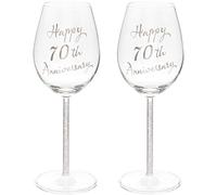 Juego de dos copas de vino de platino 70 aniversario de boda con tallo de diamante plateado, 400 ml