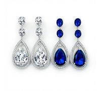 Juego De Dos Pendientes Colgantes De Araña Con Halo De Lágrima Grande De Circonita Cúbica AAA Transparente Y Azul Estilo Art Deco Para Mujer Fiesta Nupcial Plateados