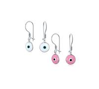 Juego de Dos Pendientes Colgantes de Protección Espiritual Redondos Rosa Blanco Nazar Ojo Turco con Cierre de Palanca Para Mujeres Adolescentes Vidrio Murano .925 Plata de Ley Hecho en Turquía