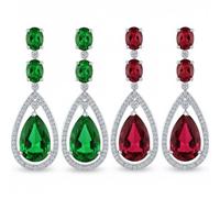 Juego De Dos Pendientes De Araña Colgantes De Declaración Con Halo De Lágrima Grande De Circonita Cúbica AAA Simulada Esmeralda Verde Y Rubí Rojo Estilo Art Deco Para Mujeres Fiesta Nupcial Plateado