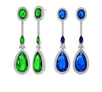 Juego De Dos Pendientes De Araña Estilo Art Deco Con Lágrima De Circonita Cúbica Declaración De Moda Simulada CZ Zafiro Azul Real Y Verde Esmeralda Para Mujeres Plateado