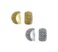 Juego de dos pendientes de clip anchos con diseño de girasol tallado para mujer, para orejas no perforadas, en tono plateado oxidado y dorado.