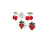 Juego de dos pequeños pendientes de esmalte rojo de frutas de verano, fresa y cereza, para mujer y adolescente, de plata esterlina .925