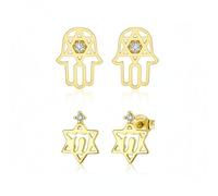 Juego De Dos Pequeños Pendientes De Joyería Judaica Con Acento De CZ En Oro Amarillo Real De 14K Hamsa Chai Hebreo Vida Estrella De David Para Mujeres Para Bat Mitzvah Con Cierre De Rosca Seguro