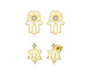 Juego De Dos Pequeños Pendientes De Joyería Judaica Con Acento De CZ En Oro Amarillo Real De 14K Hamsa Chai Hebreo Vida Estrella De David Para Mujeres Para Bat Mitzvah Con Cierre De Rosca Seguro