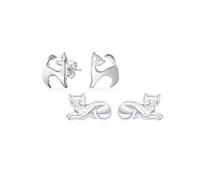 Juego de dos pequeños pendientes minimalistas de gato siamés curioso, lindo y dulce, sentados y acostados, para mujeres adolescentes, de plata esterlina .925.