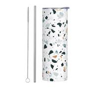 Juego de dos piezas de pajilla de acero inoxidable - Vaso aislado con estampado de mármol terrazo pastel con asa, tapa y popote - Taza termo portátil