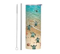 Juego de dos piezas de taza de acero inoxidable con pajilla, botella de agua aislada con estampado de estrella de mar de tortuga de 20 onzas, taza térmica portátil para bebidas frías y calientes