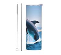 Juego de dos piezas de taza de acero inoxidable con pajilla - Botella de agua aislada con estampado de delfines saltando, taza térmica portátil para bebidas frías y calientes