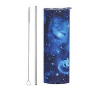 Juego de dos piezas de taza de acero inoxidable con pajilla - Botella de agua aislada con estampado de galaxia espacial azul del universo azul, taza térmica portátil, vasos para exteriores