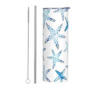 Juego de dos piezas de taza de acero inoxidable con pajilla, botella de agua aislada con estampado de estrella de mar con asa y tapa, taza térmica portátil de 20 onzas