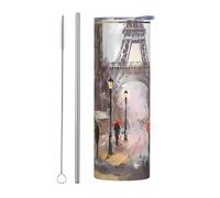 Juego de dos piezas de taza de acero inoxidable con pajilla - Botella de agua aislada con estampado de calle lluviosa en París, taza térmica portátil, vasos para exteriores