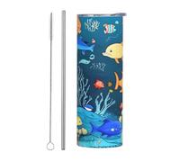 Juego de dos piezas de taza de acero inoxidable con pajilla, botella de agua aislada con estampado de mundo submarino azul de peces de 20 onzas, taza térmica portátil para bebidas frías y calientes