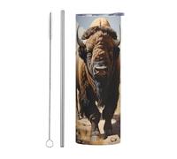 Juego de dos piezas de taza de acero inoxidable con pajilla - Botella de agua aislada con impresión de rebaño de bisonte norteamericano, taza térmica portátil para bebidas frías y calientes