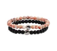Juego de dos pulseras - Ying Yang curación chakra equilibrio pulseras con cuentas de ónix negro mate natural y cuentas de piedra de jade melocotón y dije de incrustación de esmalte blanco y negro y