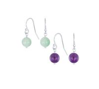 Juego De Dos Sencillos Pendientes Colgantes Redondos De Amazonita Verde Y Amatista Púrpura Claro Con Gancho Francés Tipo Pez Para Mujer En Plata De Ley .925