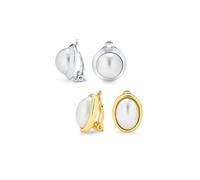 Juego de dos sencillos pendientes de clip ovalados con cabujón de perla simulada blanca para mujeres para orejas no perforadas, de latón chapado en oro y plata.
