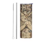 Juego de dos tazas de acero inoxidable con pajilla - 20 onzas con diseño de mapa antiguo del mundo, botella de agua aislada, taza térmica portátil, vasos para exteriores